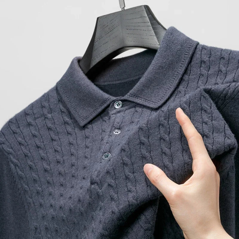 Men's Old Money Twisted Knit Solid Color Long Sleeve Polo Shirt - Business Casual Pullover Sweater for Autumn