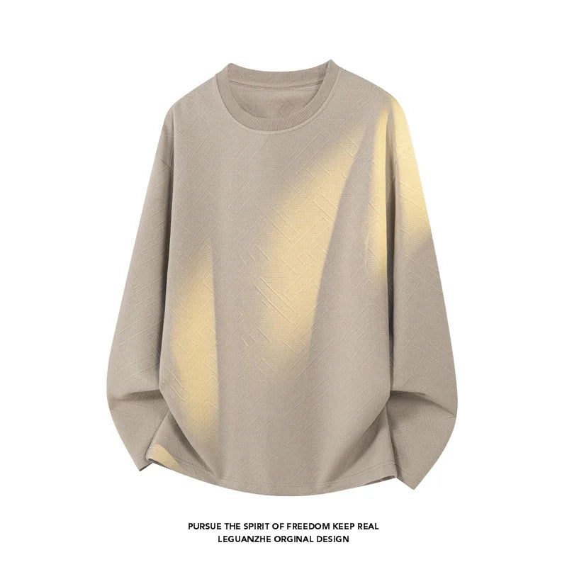 Men Crew Neck Long Sleeve Sweatshirt Maze Geometric Embossed Jacquard Oversized Silhouette For Autumn Daily Street Wear