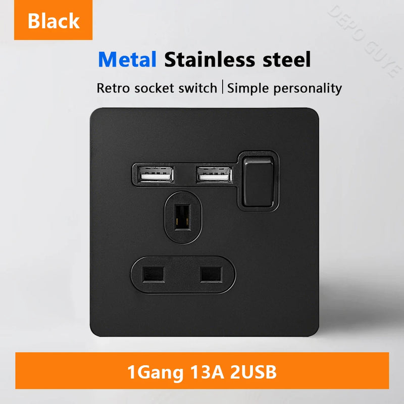 Black Retro Toggle Wall Light Switch Socket,Stainless Steel Universal UK Electrical Outlets with USB Type-C charging For Home