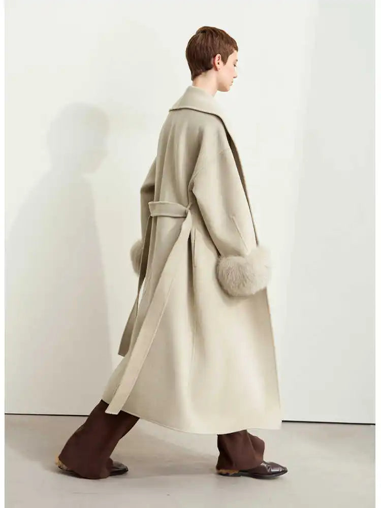 Amii Winter Clothes Women 2026 Long Coat Women's Wool 100% Removable Fox Fur Cuffs Loose Soild Office Lady Jacket 12424015