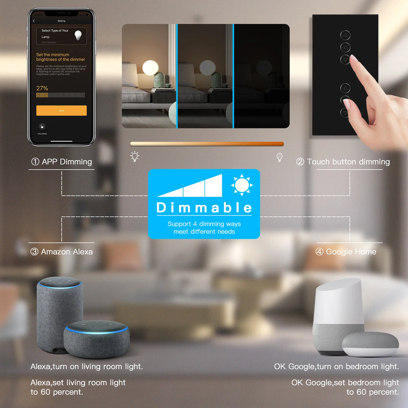BSEED Wifi Dimmer Switch Double Led Dimmerable Smart Touch Dimmer Switch Work With Tuya Alexa Smart Life Tempered Crystal Glass