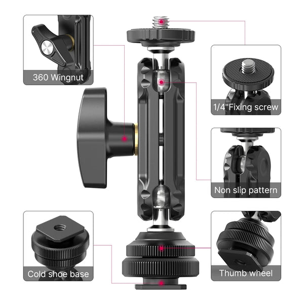 Ulanzi R098 ក្បាលបាល់ពីរជាន់ Magic Arm ជាមួយ Cold Shoe Mount វីស 1/4 អ៊ីញ សម្រាប់កាមេរ៉ា DSLR ម៉ូនីទ័រ មីក្រូហ្វូន វីដេអូ ភ្លើង Super Clamp