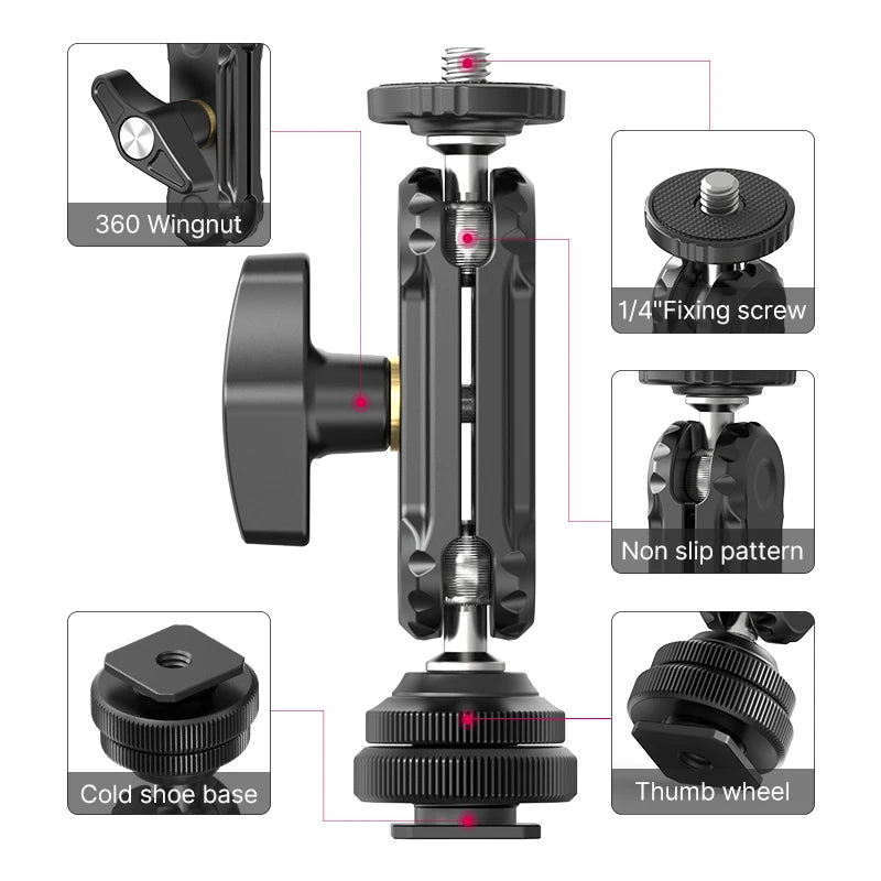 Ulanzi R098 ក្បាលបាល់ពីរជាន់ Magic Arm ជាមួយ Cold Shoe Mount វីស 1/4 អ៊ីញ សម្រាប់កាមេរ៉ា DSLR ម៉ូនីទ័រ មីក្រូហ្វូន វីដេអូ ភ្លើង Super Clamp