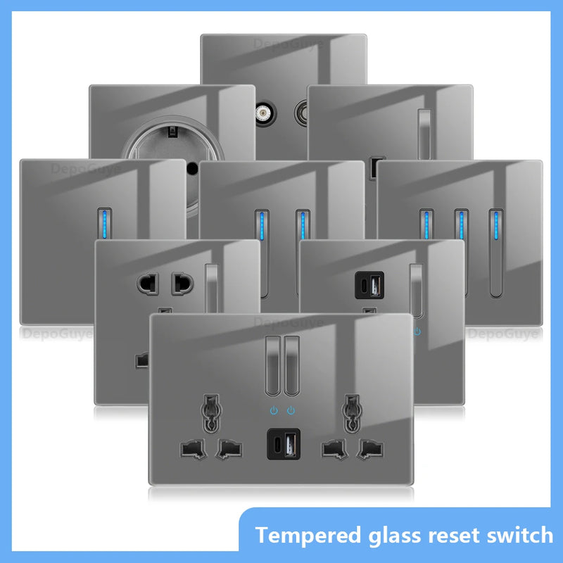 Wall Light Switch Panel LED Indicator UK EU FR Universal USB C Electrical Socket Piano Key Self-reset Wall Switches TV Computer