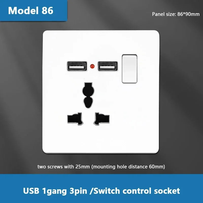 UK Standard Power Socket 13A Dual USB Plug Type-C Wall Outlet,1/2/3gang 2way Switch, White Universal 5pin Wall electrical socket