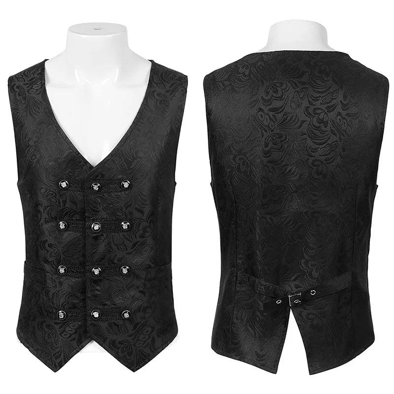 Men's Black Sleeveless Dress Vest Jacket, Halloween Top Vest, Black Vintage Single Breasted Embroidered Waistcoat