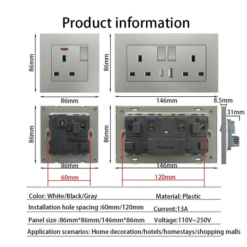 Universal 18W Type-C Quick charge Double Power Outlet,220V Electrical Wall Light 2way Switch UK 13A Wall Double USB Plug Socket