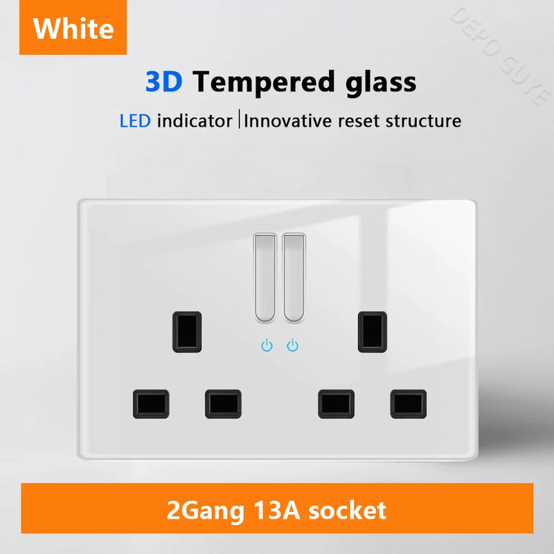 White LED indicator light switch Panel glass piano key Self-reset wall switch socket,UK Universal USB Type-C Electrical outlet