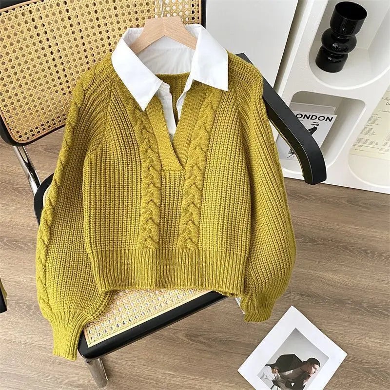 Autumn Winter Splicing Women's Outer Wear Lapel Top Knitted Sweater Fake Two Pieces Pullover Jumper Ladies Bottoming Shirt