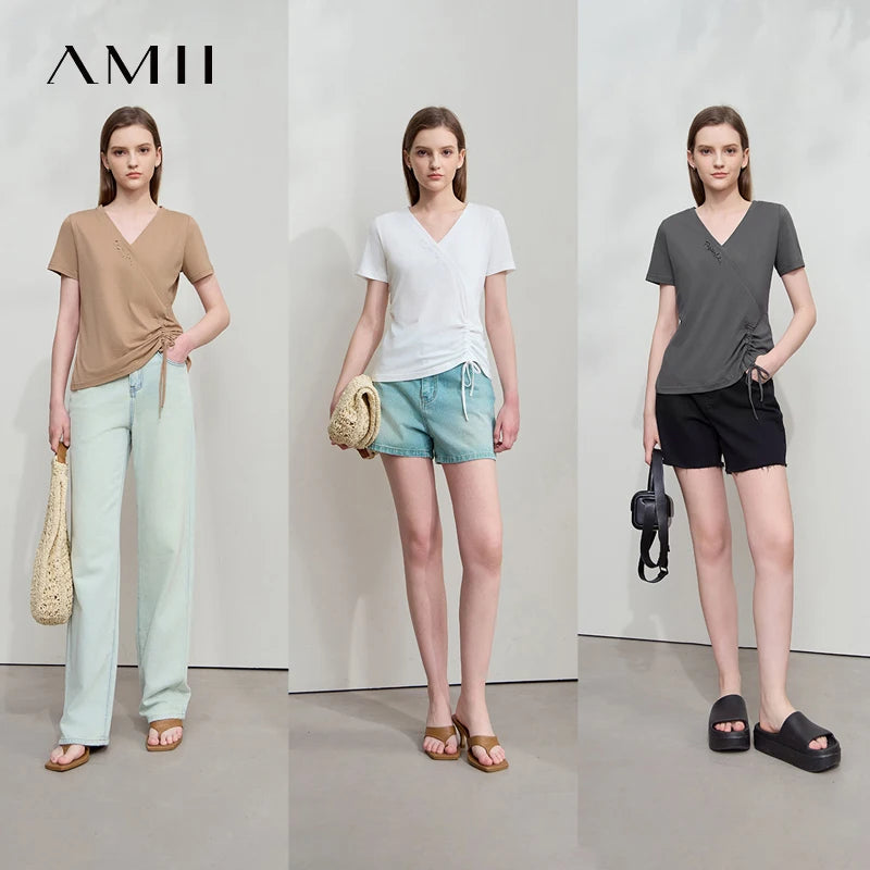 Amii Minimalism Casual T-shirt 2026 Summer New Women Solid Color V-neck Office Lady T-shirt Cotton Pleated Comfort Tops 12522137