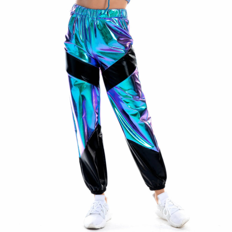 2026 New Women's Blue-Black Pants, Elastic Waist Color-Blocked Trousers, Perfect for Nightclubs/Parties/Dancing.