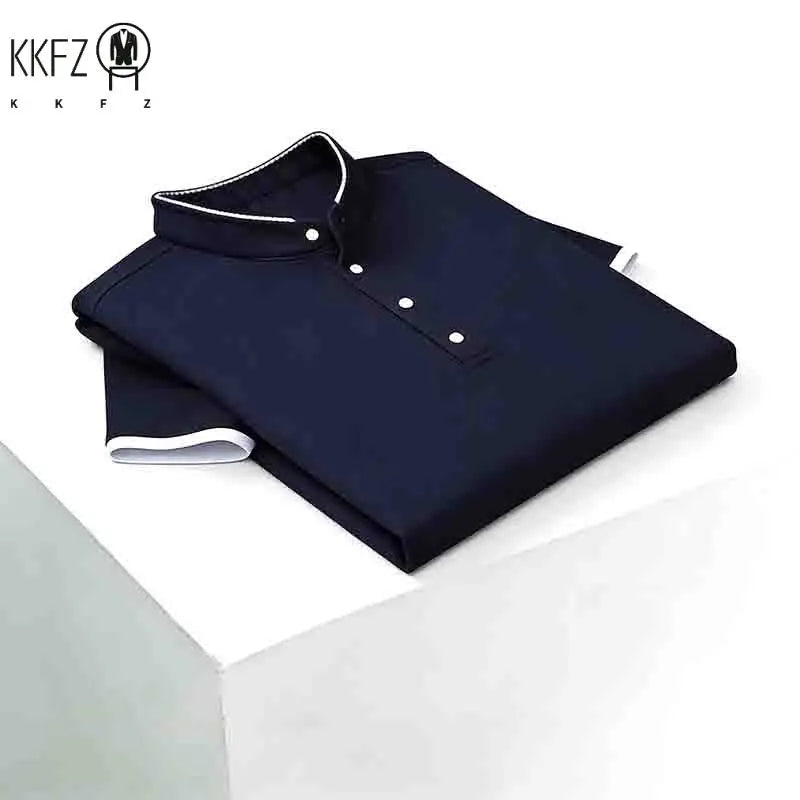 Men's Solid Black Stand Collar Short Sleeve Polo Shirt Half Button Pocket-free Casual Business Tee