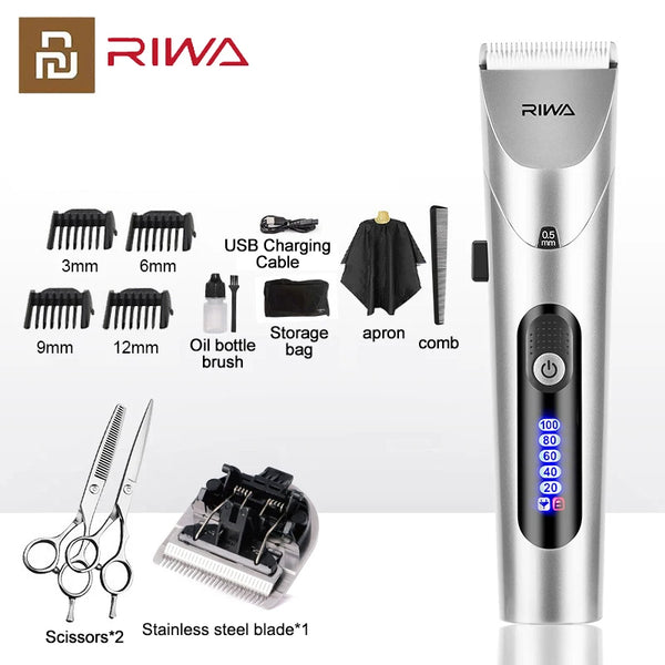 RIWA Hair Clipper Professional Electric Trimmer For Men With LED Screen Washable Rechargeable Men Strong Power Steel Head