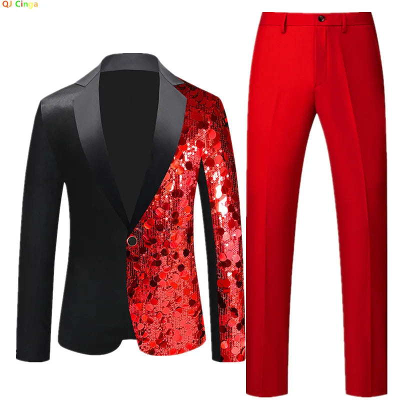 2‌026 Men's Red Sequin Tuxedo Jacket & Red Trousers Set - Stage Performance/Wedding/Party Formal Wear‌