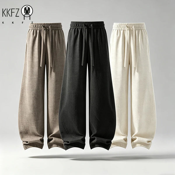 Male Baggy Linen Blend Trousers Adjustable Waist Drawstring Soft Breathable Fabric For Daily Outdoor Street Outfit