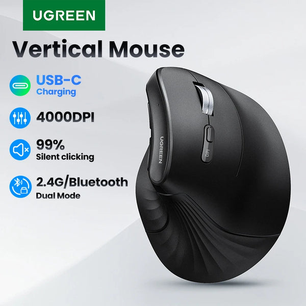 កណ្ដុរបញ្ឈរ UGREEN ឥតខ្សែ Bluetooth 5.0 2.4G Ergonomic 4000DPI ប៊ូតុងបិទសំឡេងចំនួន 6 សម្រាប់ MacBook Tablet Laptop Computer PC Mice