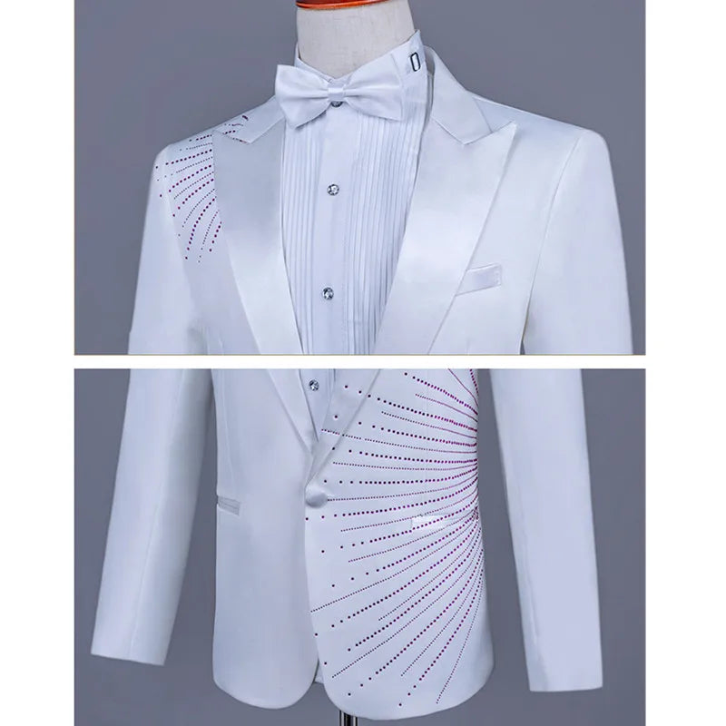 Men's Black Tuxedo Set with Diamond Embellished Jacket and Matching Trousers in White for Choirs/Stage Performances/Weddings