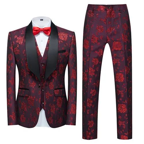 Men's Blue Jacquard Fabric Suit 3-Piece, Fashion Slim-Fit Blazer Jacket Trousers Vest, Spring  Autumn New Men Sets, Asian Size