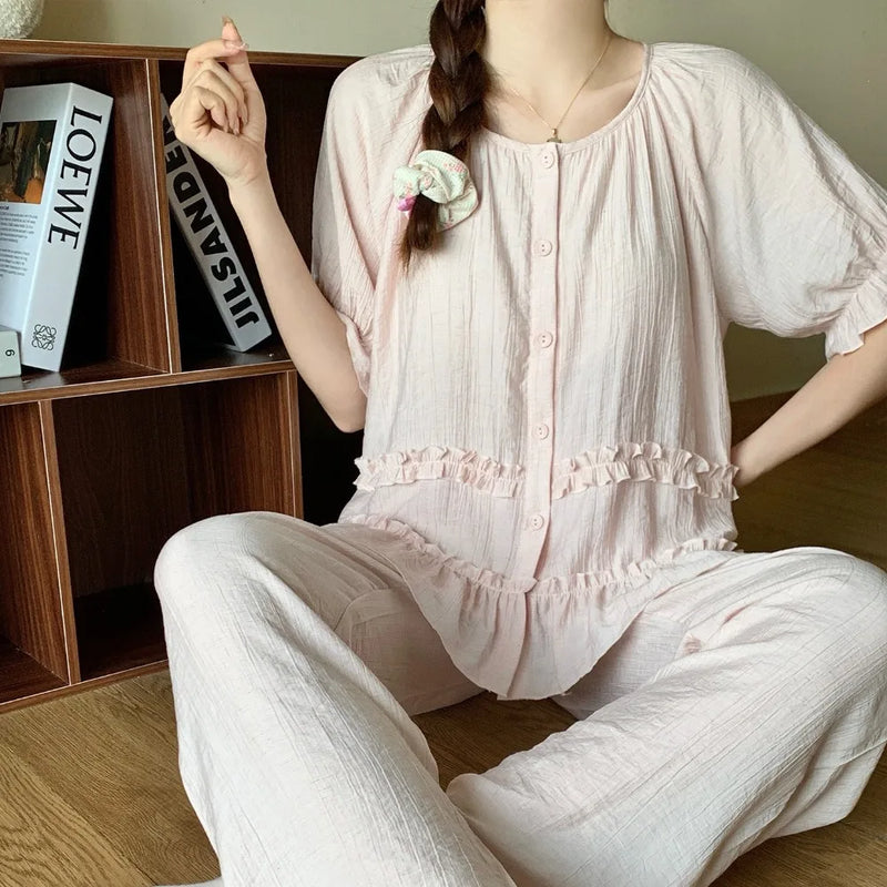 Summer New Short Sleeve Sleepwear Women's Button Cardigan Home Nightwear Casual Trousers Ladies Pajamas Suit Loungewear Pyjama