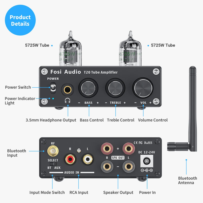 ឧបករណ៍បំពងសម្លេងបំពង់ Fosi Audio ប៊្លូធូសស្តេរ៉េអូ TPA3116D2 ឧបករណ៍បំពងសម្លេងចល័តសម្រាប់កាសស្តាប់ត្រចៀកសម្រាប់ឧបករណ៍បំពងសម្លេងអកម្មនៅផ្ទះ 50W