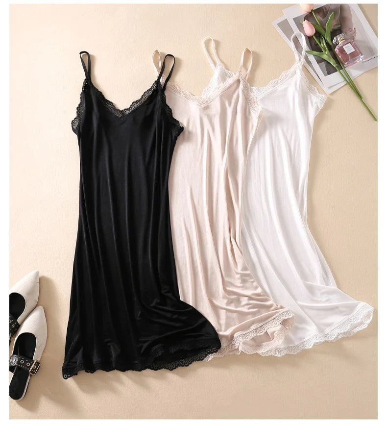 Hot Sale Thin Sling Nightdress Women Summer Nightgown Mulberry Silk V-neck Lace Sexy Suspender Nightdress Ladies' Night Dress