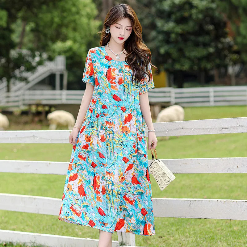 អាវគេងរលុងសម្រាប់នារី XL-5XL រ៉ូបគេងកប្បាសបោះពុម្ពថ្មី អាវគេងនារីដៃខ្លីបែបវីនថេច