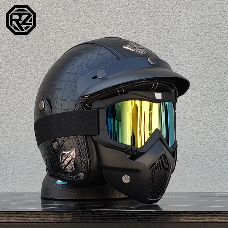 【ORZ】Retro Leather 3/4 Open Face Motorcycle Helmet, PU Leather Shell Cafe Racer Scooter Motorbike Half Helmet for Men Women