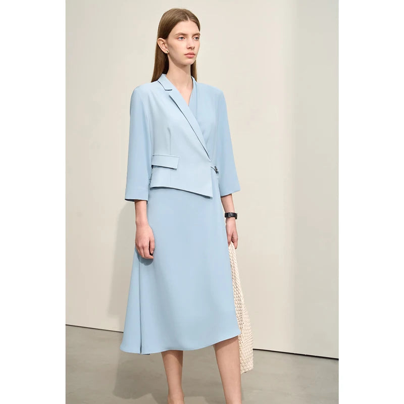 រ៉ូប Amii Minimalism Fake Two Pieces Spliced សម្រាប់ស្ត្រីឆ្នាំ ២០២៤ រដូវស្លឹកឈើជ្រុះថ្មី Midi Commuter រ៉ូបស្តើងដៃបីភាគបួន ១២៤២១០៦៩