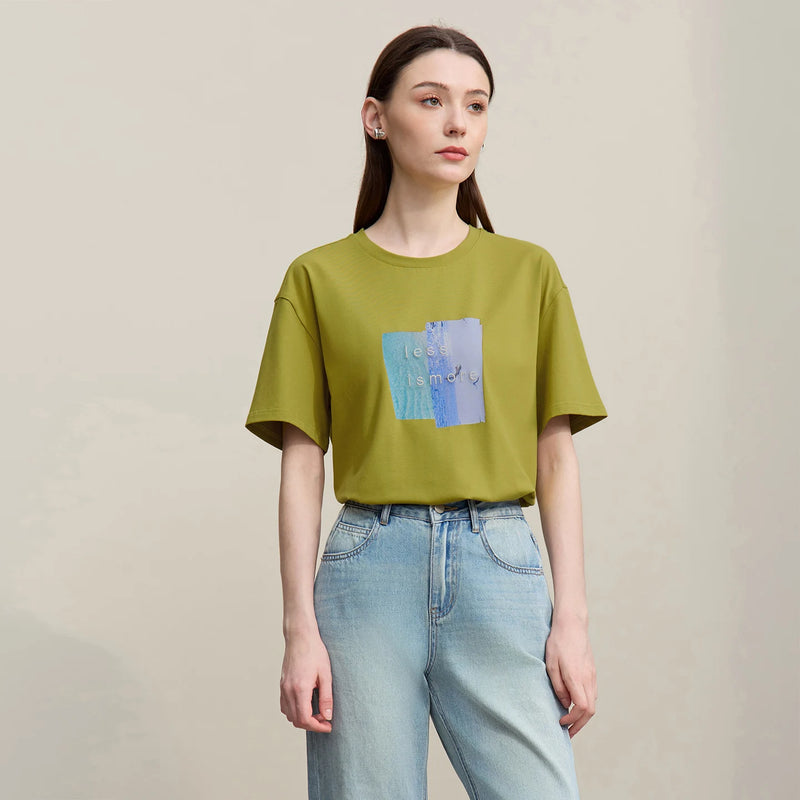 Amii Women's Tee Shirt 2026 Summer New O-Neck Printed Embroidered Cotton T-shirt Drop Shoulder Short Sleeve Elastic Top 12642009