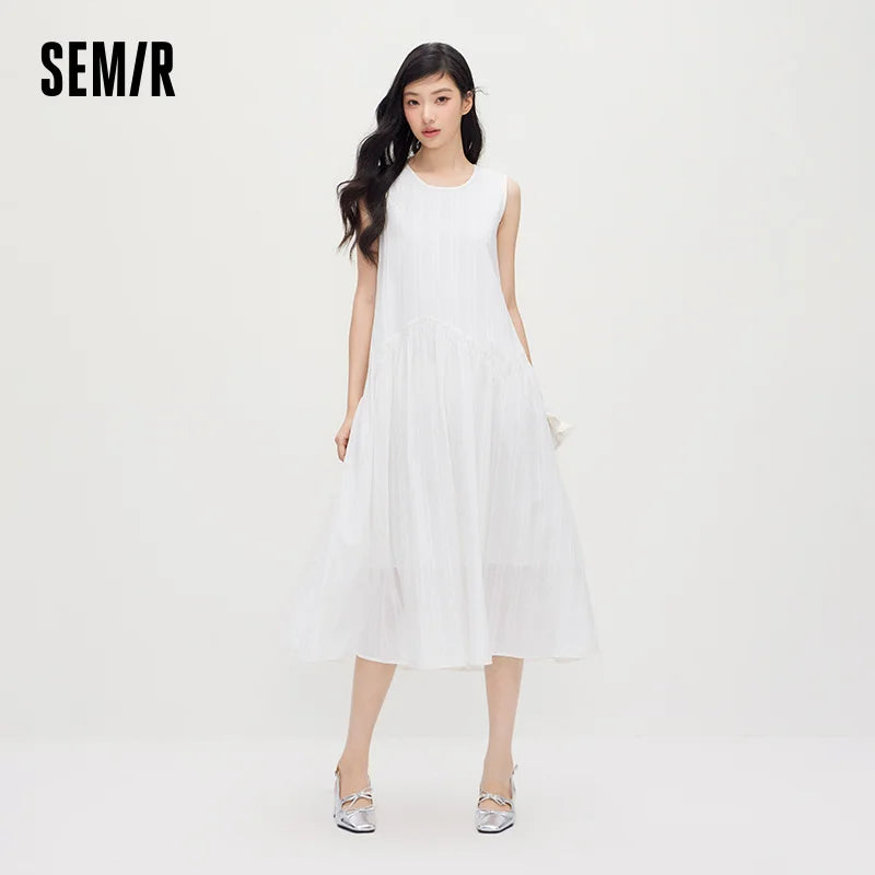 Semir Women Dress Jacquard Linen Cotton Tank Dress Girlish Vacation Style White Maxi 2026 Summer Top