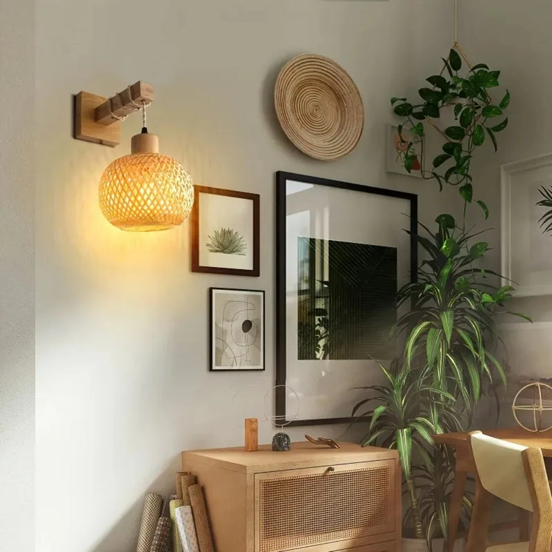 Plug-In Wall Sconce, Handcrafted Bamboo Rattan Light, Rustic Farmhouse Boho Wall Lamp for Bedroom Living Room Commercial