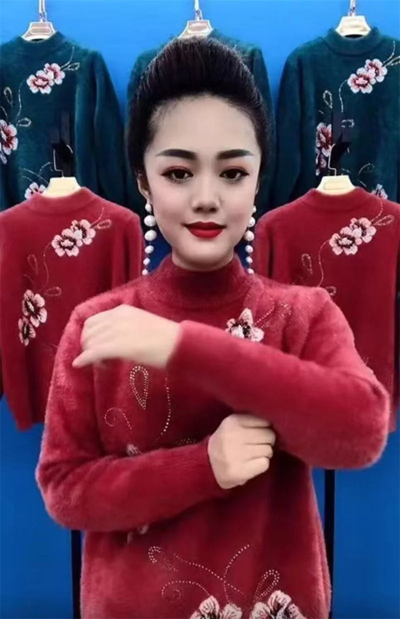 Printed New Knit Cashmere Sweater For Woman Pull Jumper Turtleneck Warm Mother Pullover Top Thicken Knitting Women's Clothing