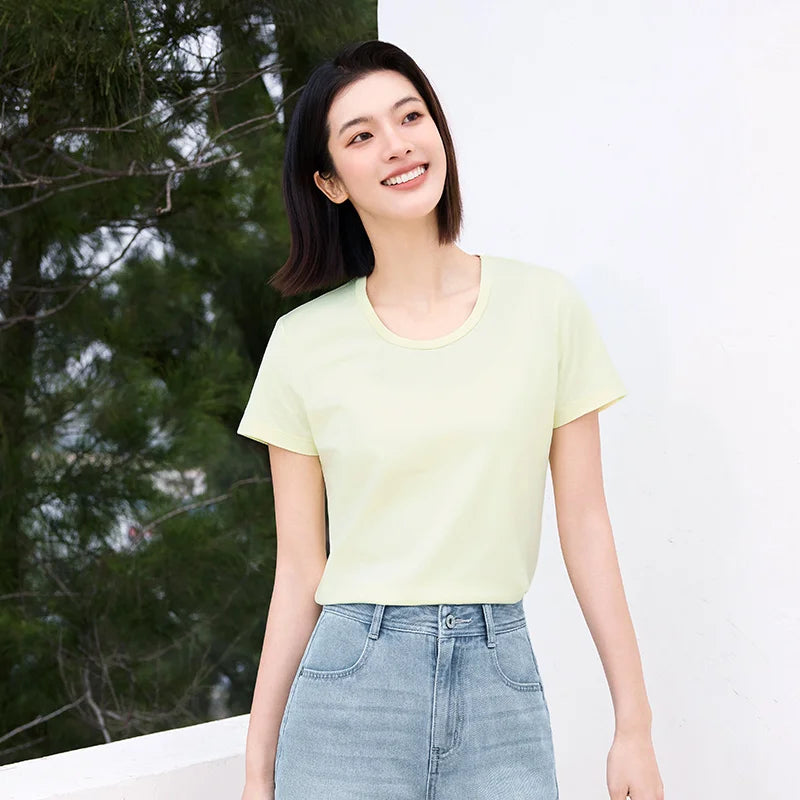 Semir Slim Fit Tshirt Women Summer Solid Color Basic Crew Neck White Cool Touch Casual Comfortable Fashion Slim Top