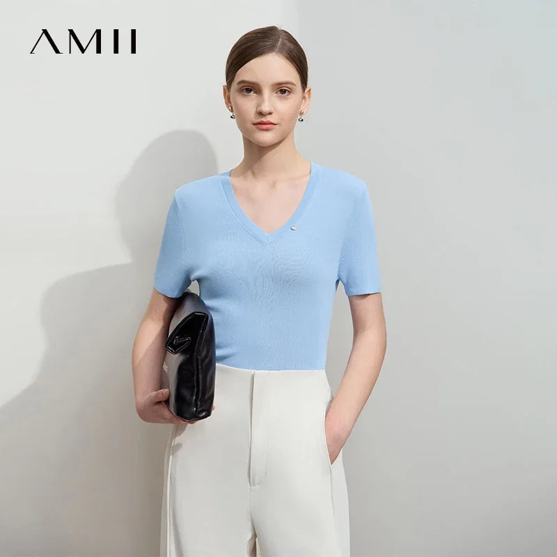 អាវយឺតដៃខ្លីសម្រាប់នារី Amii Minimalist ធ្វើពីរោមចៀម 2026 រដូវស្លឹកឈើជ្រុះថ្មី ក V ស្មាខាងមុខ រាងស្លីម 12521044