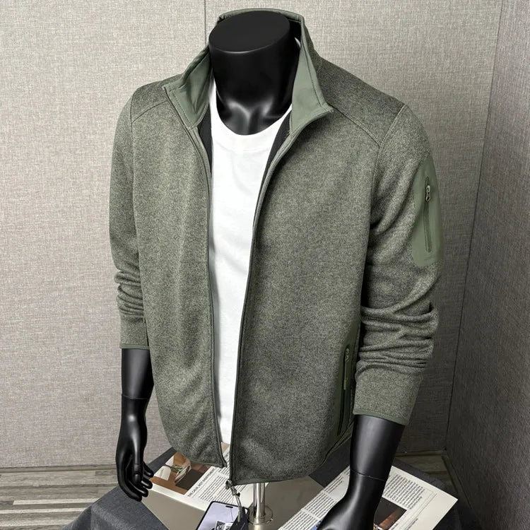 Outdoor Thermal Jacket - 3D Tailored Knit Cardigan with Fleece-Lined Windproof Stand Collar, Reversible Dual-Purpose Wear