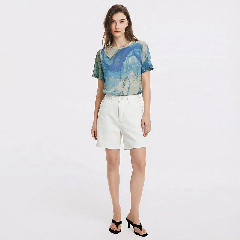 Amii Women's Tee Shirt 2026 Summer New Round Neck Short Sleeve Digital Print Mesh Tee Loose Fit Casual Top For Women 12622183