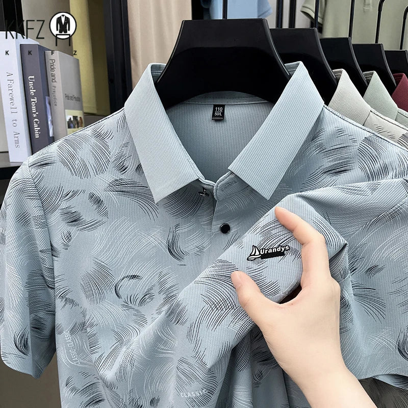 Everyday Wear Abstract Feather Printed Lapel Polo Mens Soft Cloth Casual Dinner And Post work Walking Apparel