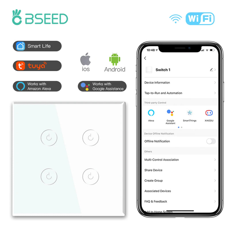 BSEED WIFI Wall Switches Smart Touch Screen LED Light Switches 1/2/3Gang 1/2/3Way Google Alexa App Power Switches Neutral Wire
