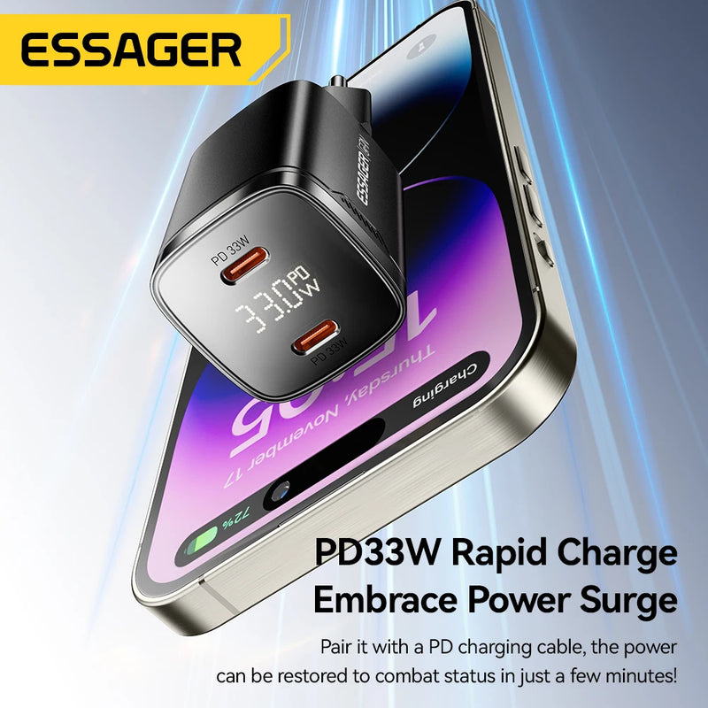 ឆ្នាំងសាក Essager 33W GaN Dual USB Type C PD សាកថ្មលឿនសម្រាប់ iPhone 17 16 15 14 13 Pro Max iPad ឆ្នាំងសាកទូរស័ព្ទអេក្រង់ឌីជីថល
