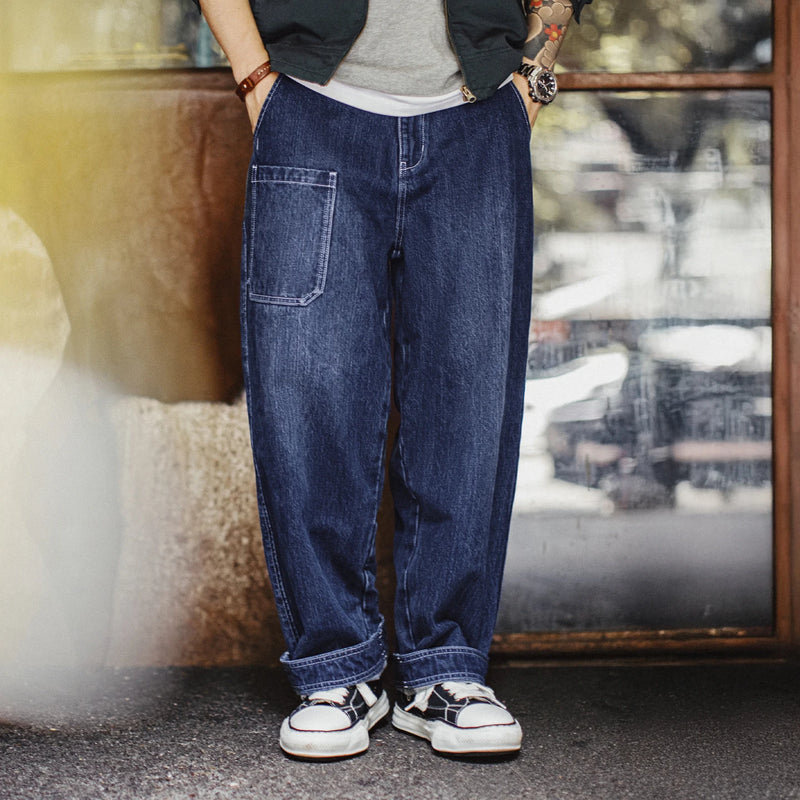 ខោខូវប៊យ Maden 15oz កប្បាស Slub Denim ខោបុរស Vintage ពណ៌ខៀវ ខោត្រង់ មានហោប៉ៅ សម្រាប់បុរស រដូវស្លឹកឈើជ្រុះ រដូវរងា