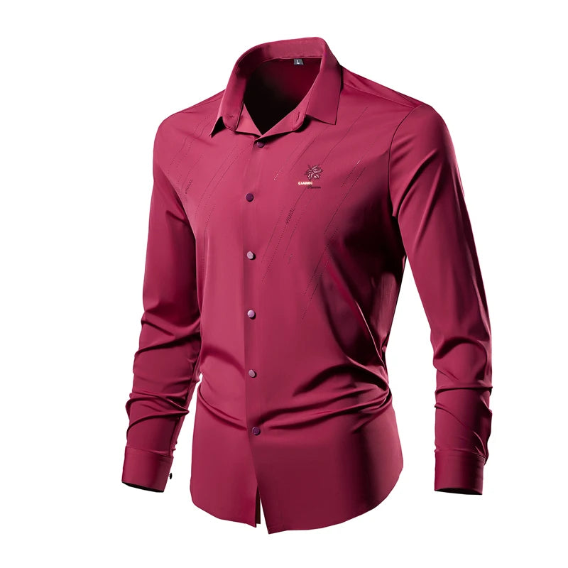 2026 New Men's Black Long Sleeve Shirt, Single Breasted Square Collar Stretch Shirts, White Blue Red Blouse, Asian Size M-6XL
