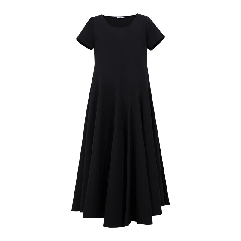 Amii U-Neck Women's Dress 2026 Summer New Slim Short Sleeve Fit A-Line Midi Dress Solid Color Casual Women's Clothing 12642201