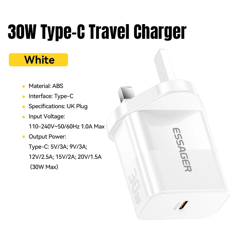 Essager 30W Type C Travel Charger Portable USB C Charger PD Fast Charging For iPhone 16 15 14 13 Pro Max Xiaomi Galaxy S24 Ultra