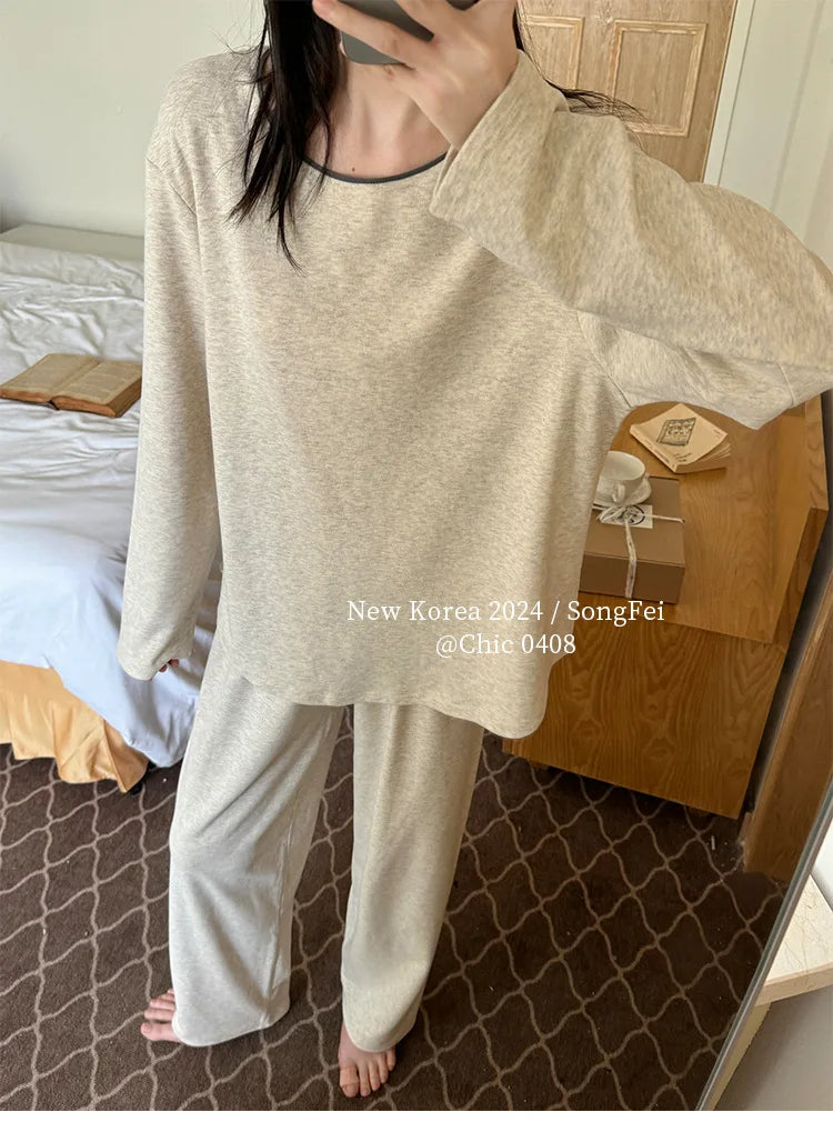 Korean Lazy Pajama Set For Women Autumn Winter Long Sleeved Home Clothes Skin Friendly Sleepwear Pyjamas Suit Lounge Nightwear