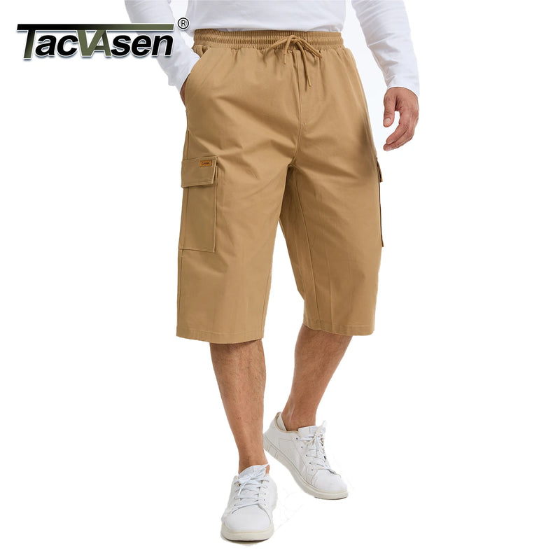 TACVASEN Mens Cargo Capri Short Pants 97% Cotton Below Knee Loose Fit Pants 6 Pockets Work Drawstring Waist Casual New Trousers
