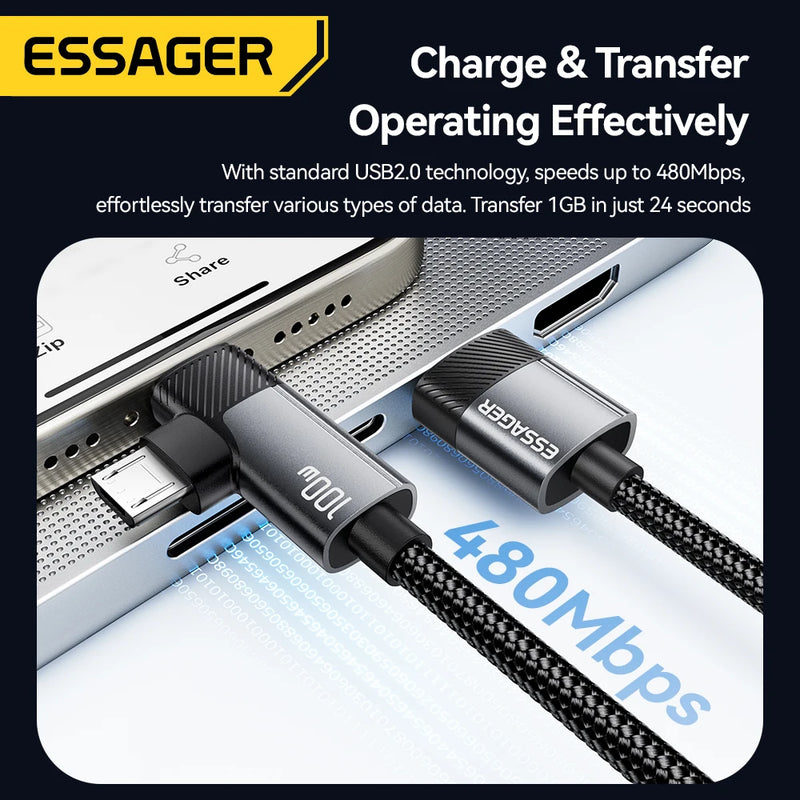 ខ្សែសាកលឿន ESSAGER 2-in-1 100W Type-C/Micro/Lighting 7A ខ្សែសាកទិន្នន័យពហុមុខងារសម្រាប់ iPhone 16 15 Pro Samsung Laptop