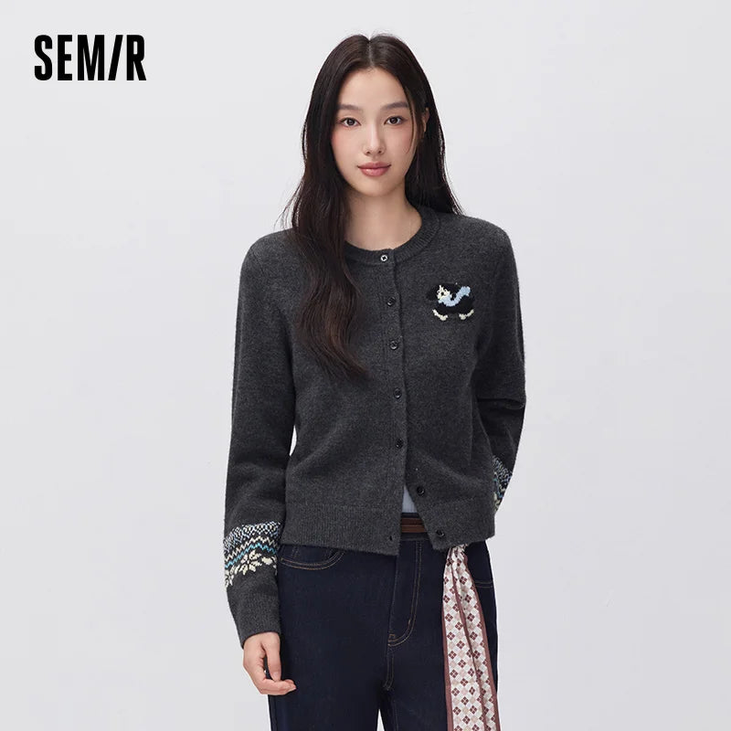 Semir Women Knit Cardigan Cropped Dog Graphic Geometric Jacquard Crew Neck 2026 New Winter Daily Wear Urban Casual Style