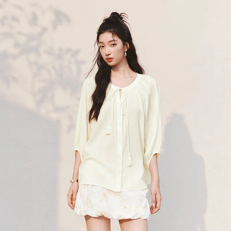 Semir Women Shirt 7/8 Lantern Sleeve Tassel Oversized Texture Shirt 2026 Summer Artistic Style
