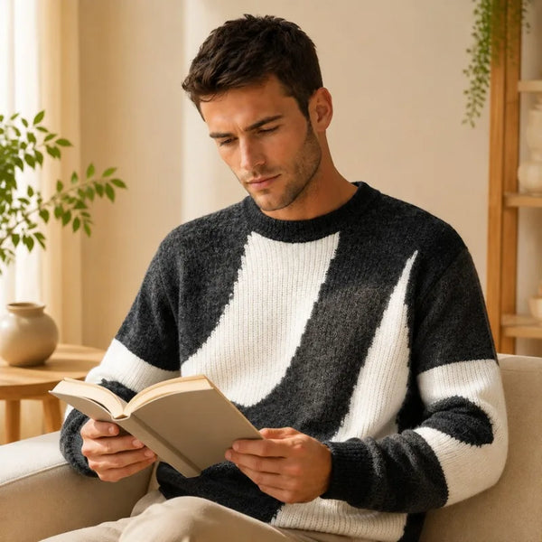 Men's Color Block Striped Sweater Crew Neck Loose Fit Knitted Pullover with Wool Autumn Winter Casual Streetwear