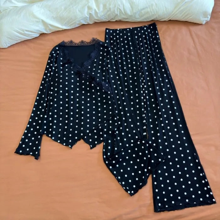 Spring Autumn Long-sleeved Trousers Sleepwear Women Thin Chest Pad Pajamas Homewear Elegant Two-Piece Set Women’s Loungewear